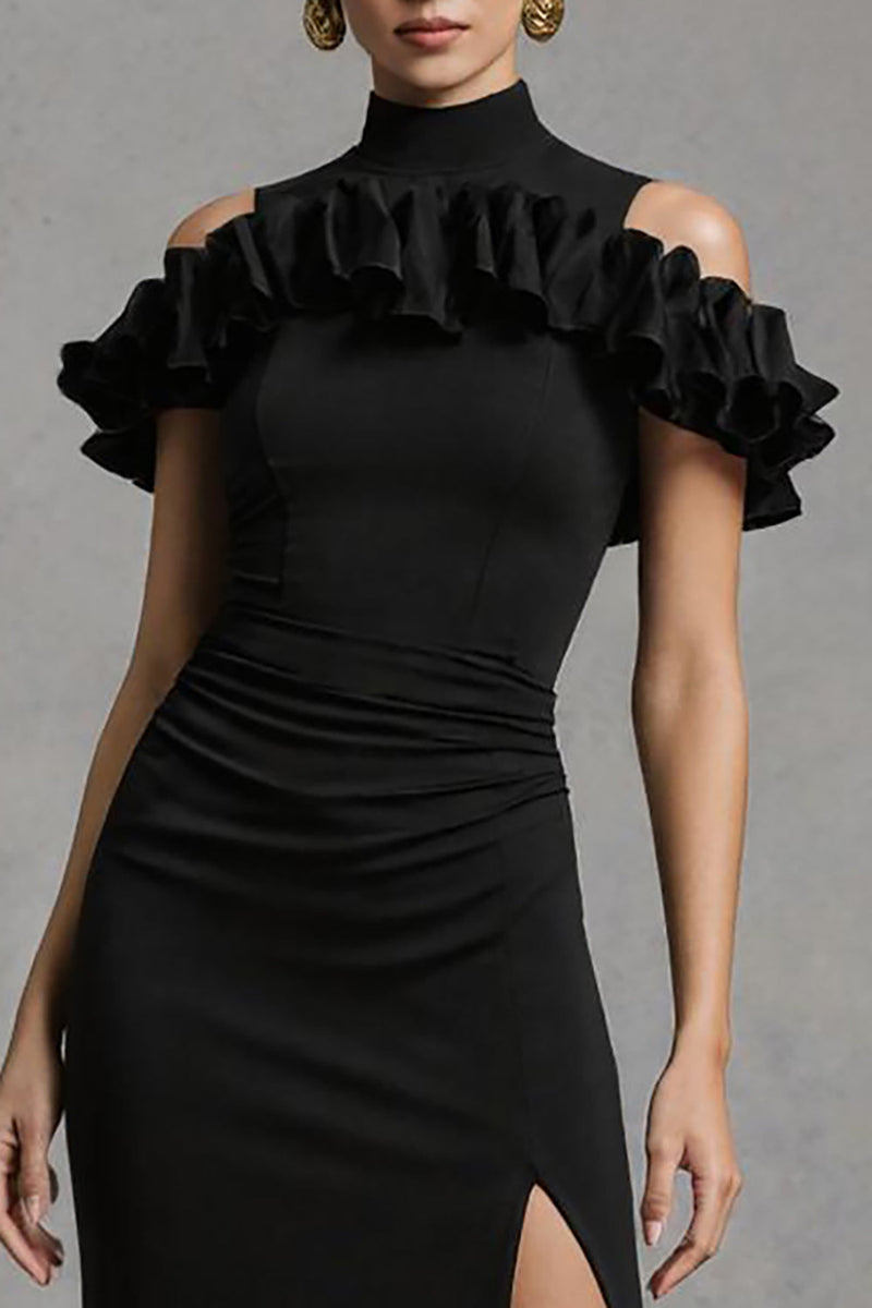 Load image into Gallery viewer, Black Mermaid High Neck Satin Long Formal Dress with Ruffles