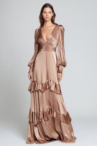 Light Brown Satin V-Neck Ruffled A-Line Long Formal Dress with Sleeves