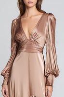 Load image into Gallery viewer, Light Brown Satin V-Neck Ruffled A-Line Long Formal Dress with Sleeves
