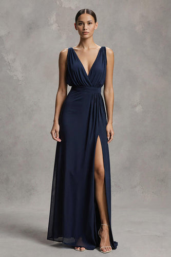 Navy Chiffon Deep V-Neck Sheath Long Formal Dress with Slit