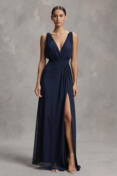 Navy Chiffon Deep V-Neck Sheath Long Formal Dress with Slit