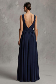 Navy Chiffon Deep V-Neck Sheath Long Formal Dress with Slit