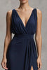 Load image into Gallery viewer, Navy Chiffon Deep V-Neck Sheath Long Formal Dress with Slit