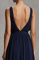 Load image into Gallery viewer, Navy Chiffon Deep V-Neck Sheath Long Formal Dress with Slit