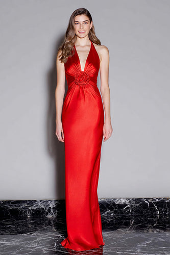Red Mermaid Halter Satin Long Formal Dress with 3D Flower