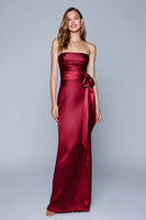 Load image into Gallery viewer, Burgundy Mermaid Strapless Satin Long Formal Dress with Bow