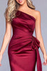 Load image into Gallery viewer, Burgundy Mermaid One Shoulder Satin Long Formal Dress with Bow