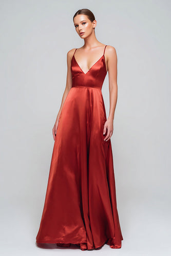 Red Satin Spaghetti Straps A-Line Long Formal Dress