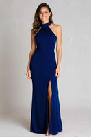 Load image into Gallery viewer, Navy Mermaid Halter Satin Backless Long Formal Dress with Slit
