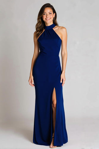 Navy Mermaid Halter Satin Backless Long Formal Dress with Slit