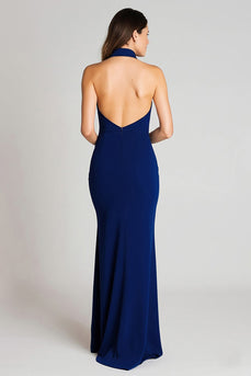 Navy Mermaid Halter Satin Backless Long Formal Dress with Slit