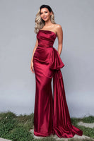 Load image into Gallery viewer, Burgundy Satin Strapless Mermaid Long Formal Dress with Side Cape