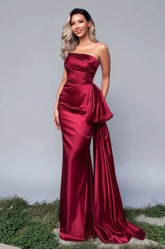 Burgundy Satin Strapless Mermaid Long Formal Dress with Side Cape