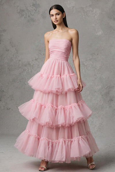Pink Tulle Strapless A-Line Ruffled Long Birthday Party Dress