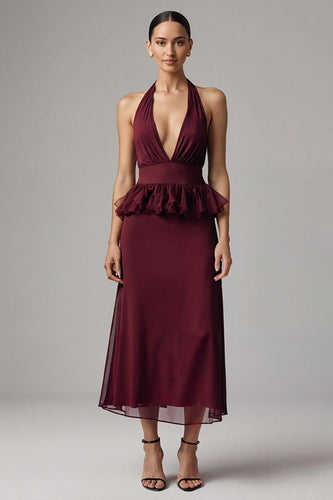 Burgundy Chiffon Halter Sheath Tea Length Formal Dress with Ruffles