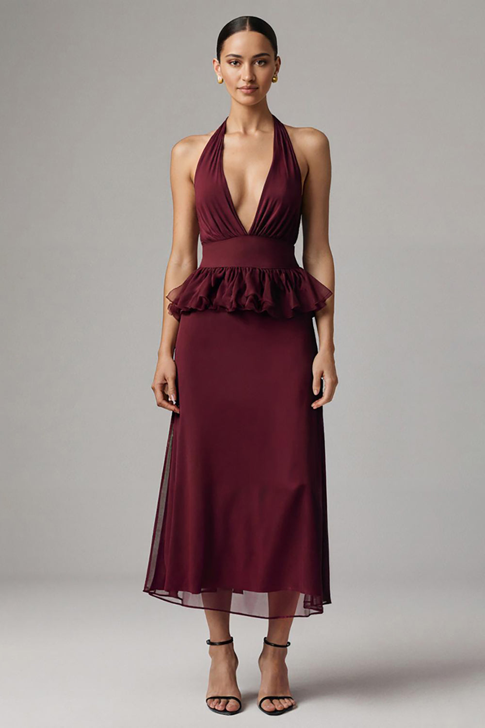 Burgundy Chiffon Halter Sheath Tea Length Formal Dress with Ruffles