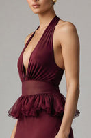 Load image into Gallery viewer, Burgundy Chiffon Halter Sheath Tea Length Formal Dress with Ruffles