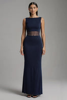 Load image into Gallery viewer, Simple Navy Satin Mermaid Boat Neck Long Formal Dress