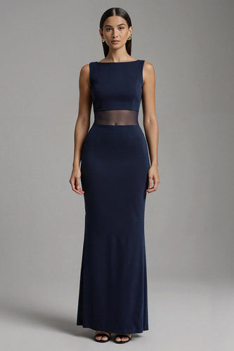 Simple Navy Satin Mermaid Boat Neck Long Formal Dress