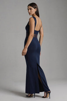 Simple Navy Satin Mermaid Boat Neck Long Formal Dress