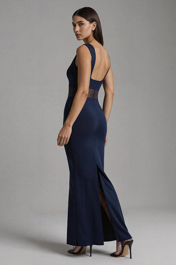 Simple Navy Satin Mermaid Boat Neck Long Formal Dress
