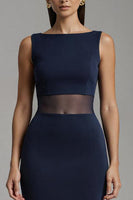 Load image into Gallery viewer, Simple Navy Satin Mermaid Boat Neck Long Formal Dress