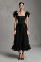 Load image into Gallery viewer, Black Tulle Square Neck A-Line Long Formal Dress with Ruffles