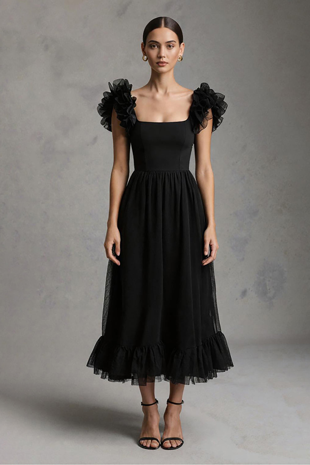 Black Tulle Square Neck A-Line Long Formal Dress with Ruffles
