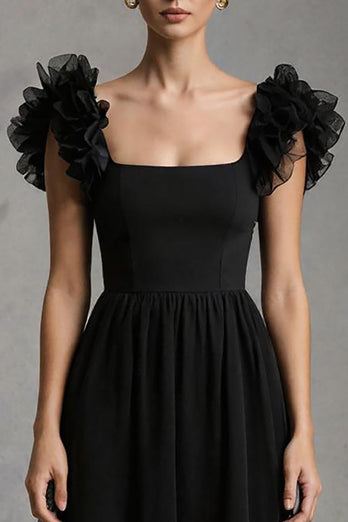Black Tulle Square Neck A-Line Long Formal Dress with Ruffles