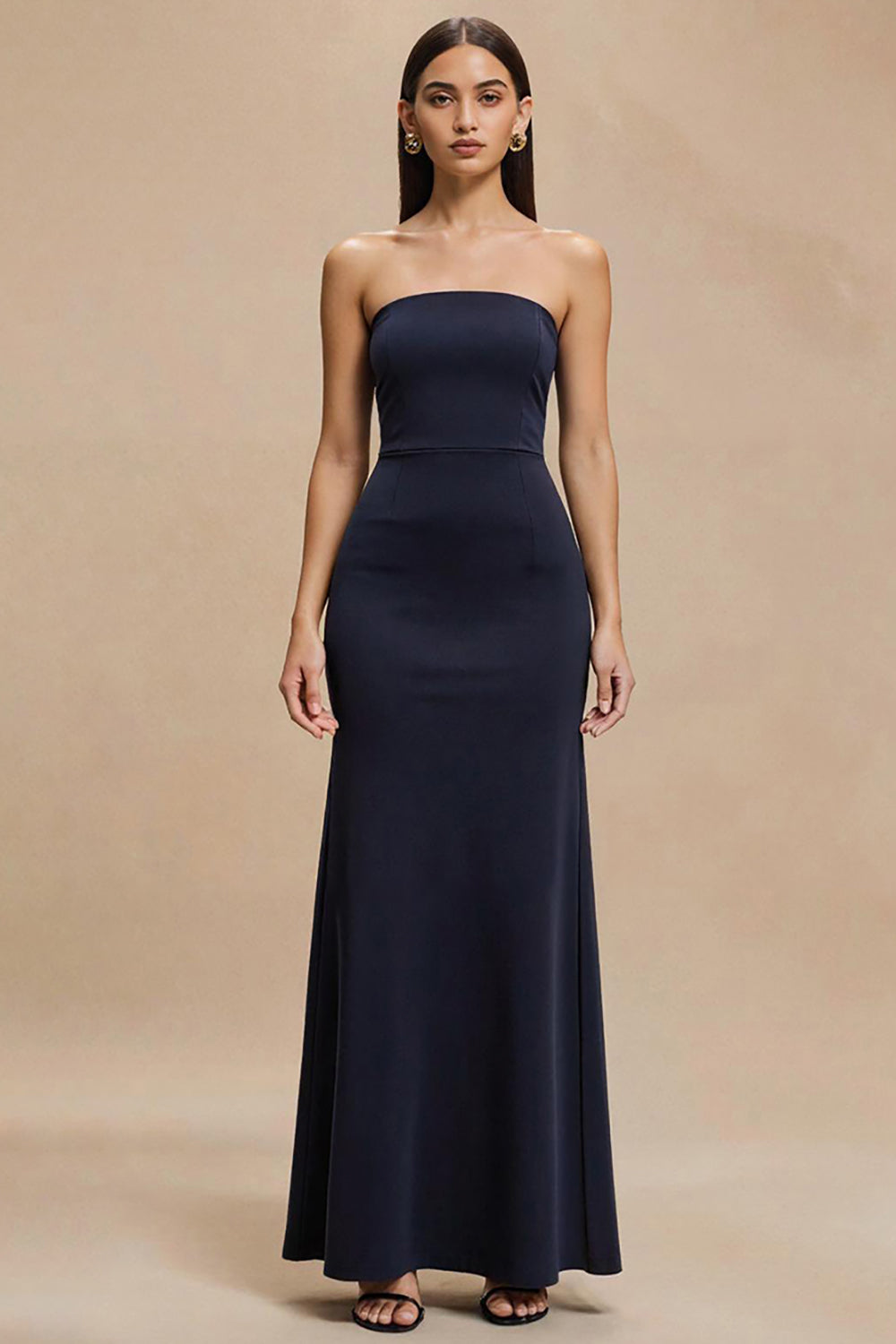 Simple Navy Satin Strapless Mermaid Long Formal Dress
