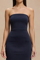 Load image into Gallery viewer, Simple Navy Satin Strapless Mermaid Long Formal Dress
