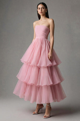 Pink Strapless Tulle A-Line Ruffled Ankle Length Birthday Party Dress