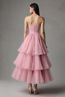 Pink Strapless Tulle A-Line Ruffled Ankle Length Birthday Party Dress