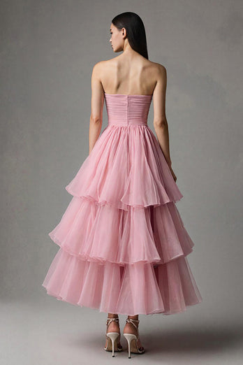 Pink Strapless Tulle A-Line Ruffled Ankle Length Birthday Party Dress