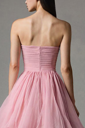 Pink Strapless Tulle A-Line Ruffled Ankle Length Birthday Party Dress