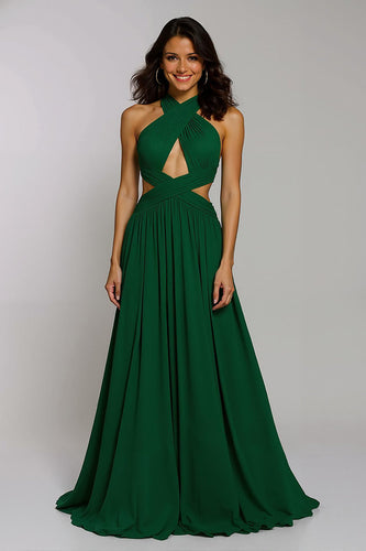 Dark Green Chiffon Halter Cut-Out A-Line Long Holiday Party Dress