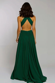 Dark Green Chiffon Halter Cut-Out A-Line Long Holiday Party Dress