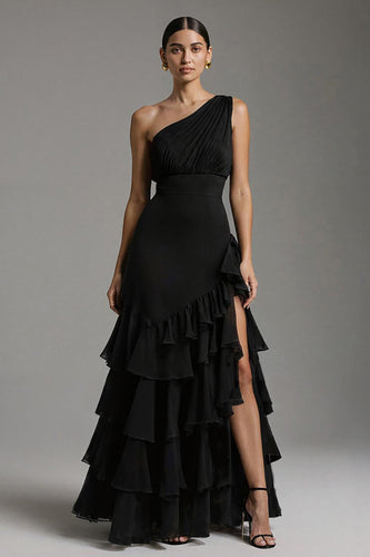 Black Chiffon One Shoulder A-Line Ruffled Long Formal Dress with Slit