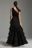 Load image into Gallery viewer, Black Chiffon One Shoulder A-Line Ruffled Long Formal Dress with Slit