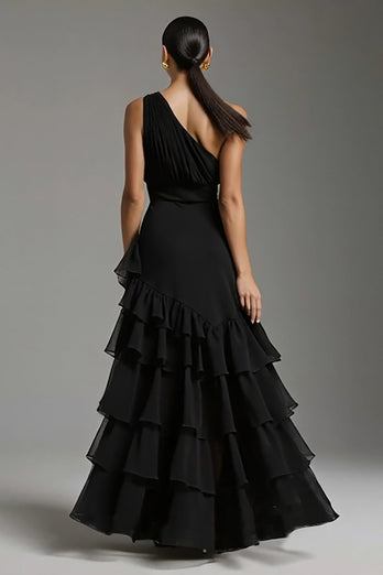 Black Chiffon One Shoulder A-Line Ruffled Long Formal Dress with Slit