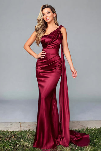 Burgundy Satin One Shoulder Mermaid Formal Dress with Side Cape