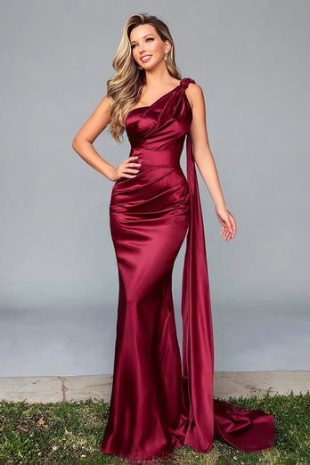 Burgundy Satin One Shoulder Mermaid Formal Dress with Side Cape