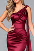 Load image into Gallery viewer, Burgundy Satin One Shoulder Mermaid Formal Dress with Side Cape