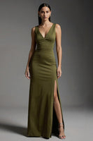 Load image into Gallery viewer, Simple Olive Satin V-Neck Mermaid Formal Dress with Slit
