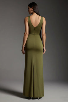 Simple Olive Satin V-Neck Mermaid Formal Dress with Slit