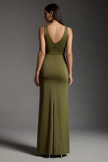 Simple Olive Satin V-Neck Mermaid Formal Dress with Slit