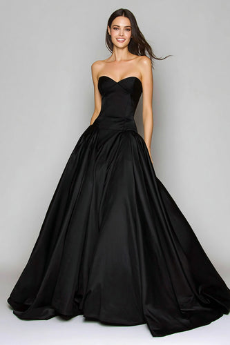 Black Satin Sweetehart A-Line Long Formal Dress