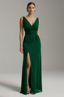 Load image into Gallery viewer, Dark Green Chiffon V-Neck Sheath Long Holiday Party Dress with Slit