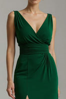 Load image into Gallery viewer, Dark Green Chiffon V-Neck Sheath Long Holiday Party Dress with Slit