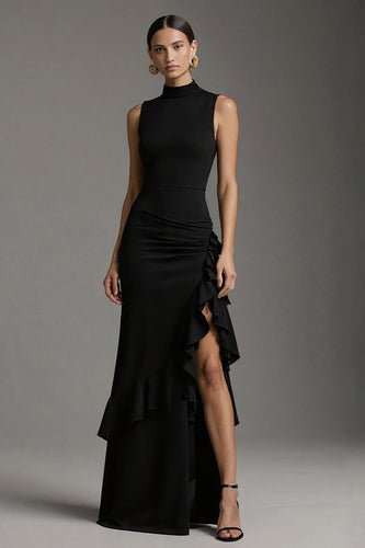 Black Mermaid High Neck Ruffled Satin Long Formal Dress with Slit